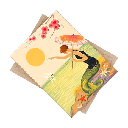 🧜‍♀️☂️ The Mermaid With The Parasol Ceramic Tile – Art Deco Seaside Fantasy