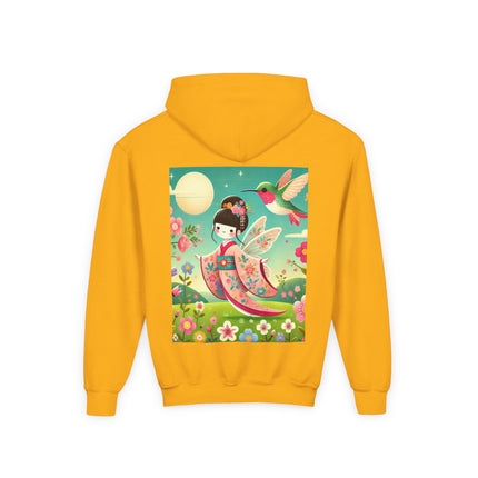 Geisha Fairy and the Hummingbird Blossom Youth Hooded Sweatshirt – Cozy Magic in Bloom
