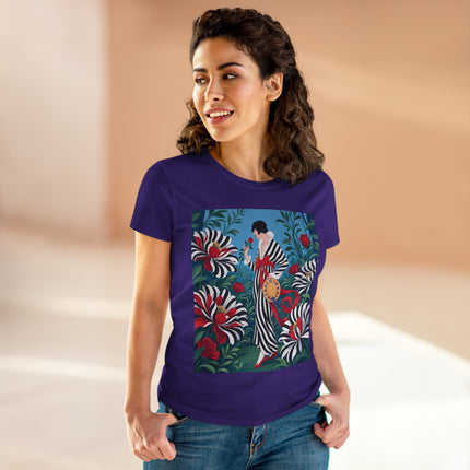 ❤️🌹 The Scarlet Striped Garden Cotton Tee – Art Deco Fashion Illustration