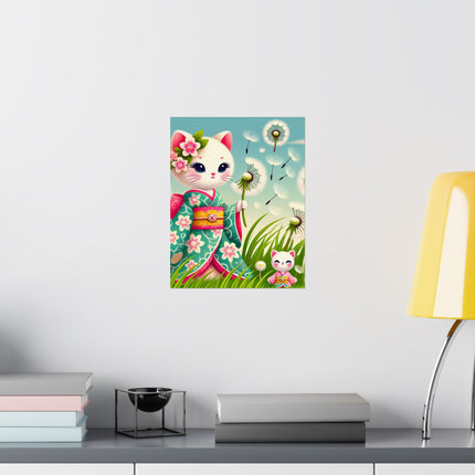 🌾🌼 Geisha Kitten and the Dandelion Wish Matte Vertical Poster – Gentle Wishes & Quiet Wonder