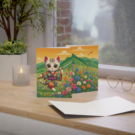 🐱🌼 The Wildflower Samurai Kitten Greeting Card – Whimsical Warrior Adventure