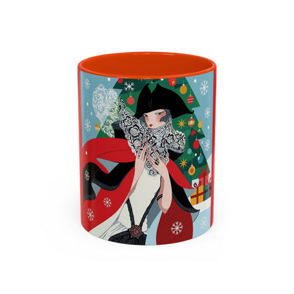 ❤️ The Lady Of The Crimson Scarf Colorful Mug – Art Deco Christmas Elegance