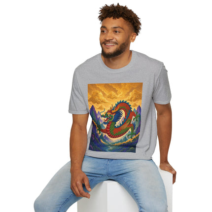 🐉🌄 The Golden Sky Dragon Softstyle T-Shirt – Mystical Mountain Fantasy