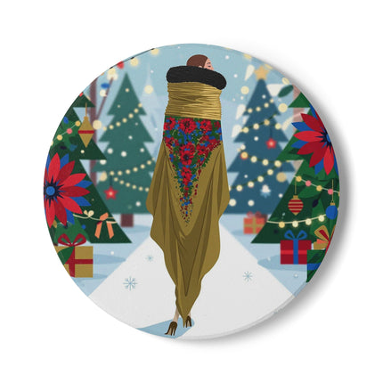 🎄🌺 The Lady Of The Christmas Shawl Ceramic Coaster – Art Deco Holiday Elegance