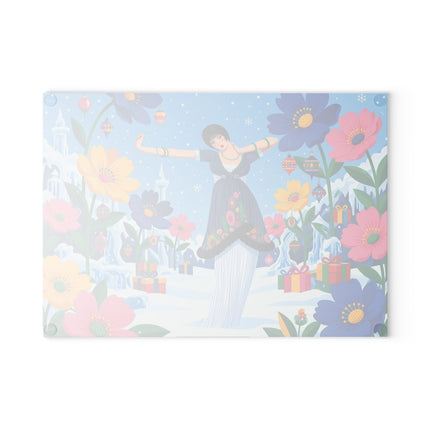 🌸❄️ The Lady Of The Enchanted Winter Garden Glass Cutting Board – Art Deco Holiday Fantasy