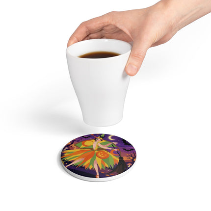 🎃🧙 The Witch Of Jack-O'-Lantern Hollow Ceramic Coaster – Whimsical Halloween Charm