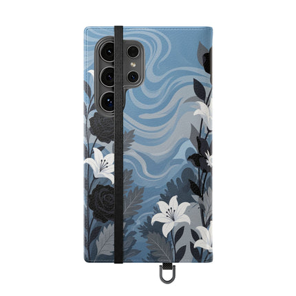 🖤🤍 The Lady Of The Black Rose Garden Flip Case – Art Deco Floral Elegance