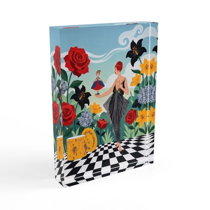 🌹🎭 The Lady And The Little Dancing Doll Acrylic Art Block – Art Deco Floral Whimsy