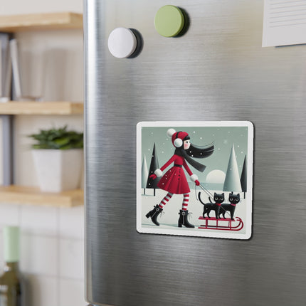 Red Sled & Curious Cats Die-Cut Magnets (5 Sizes)