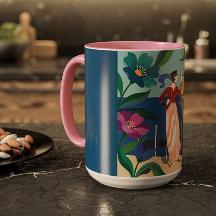The Lady Of The Golden Horizon Colorful Mugs – Art Deco Coastal Elegance