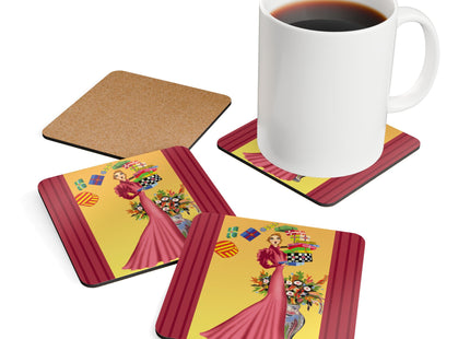 Elegant Holiday Woman with Gifts Corkwood Coaster Set
