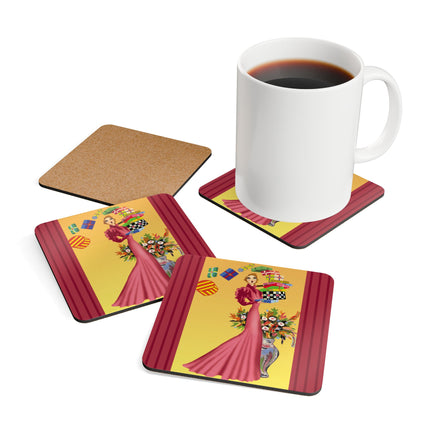 Elegant Holiday Woman with Gifts Corkwood Coaster Set