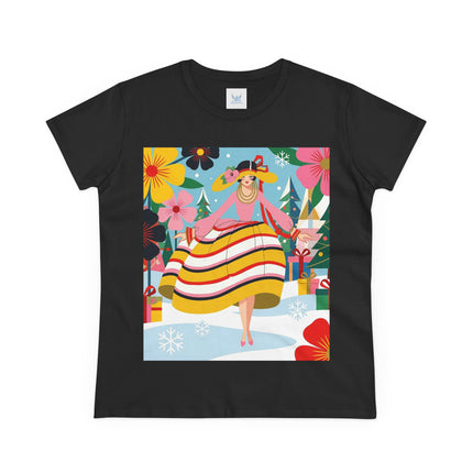 🎄🌸 The Christmas Blossom Belle Cotton Tee – Art Deco Holiday Whimsy