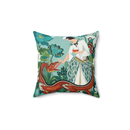 🐉🌿 The Dragon Keeper Square Pillow – Art Deco Floral Fantasy