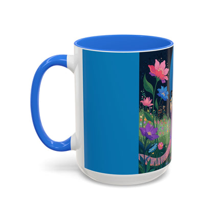 The Lady And The Moonlit Peak Colorful Mugs – Art Deco Alpine Garden Elegance