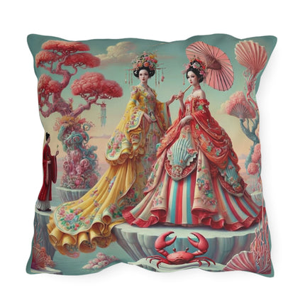 Cherry Blossom Courtesans & Crimson Crab Outdoor Pillows – Imperial Elegance & Playful Charm