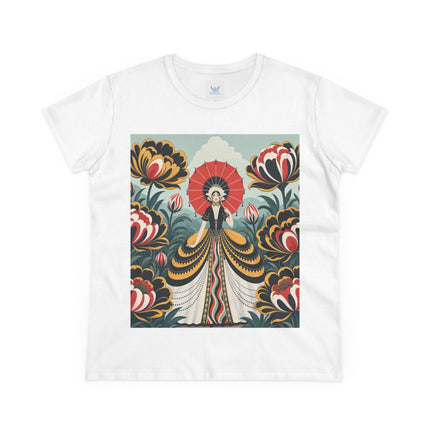 ❤️🌺 The Scarlet Parasol Garden Cotton Tee – Art Deco Floral Elegance