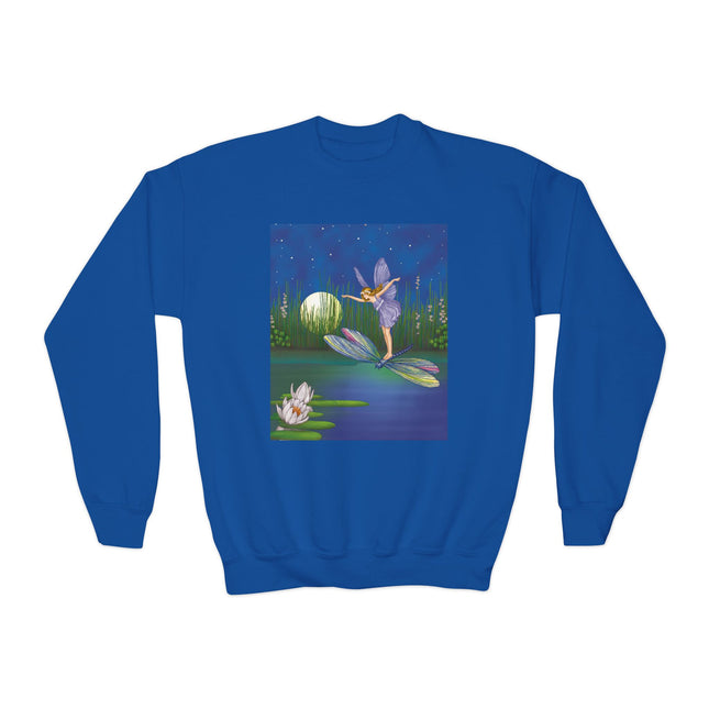 Fairy on a Dragonfly Youth Crewneck Sweatshirt – Enchanting Moonlit Fantasy
