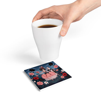 🌹🎭 The Rose Masquerade Promenade Ceramic Coaster – Art Deco Floral Elegance