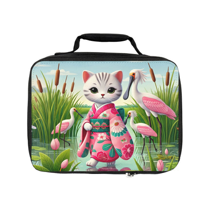 Geisha Kitten Strolls Among the Spoonbills Lunch Bag – Serene Grace & Marshland Wonder