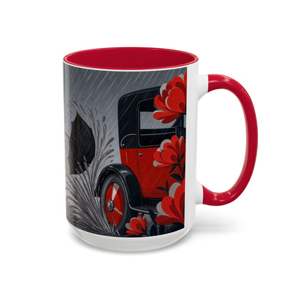 ☔🌹 The Scarlet Rainstorm Promenade Colorful Mug – Art Deco Motoring Elegance