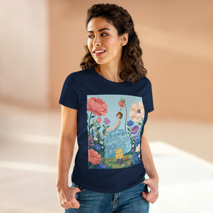 🌸🩵 The Blue Ruffle Garden Cotton Tee – Art Deco Floral Whimsy