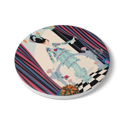 🌹🎭 The Lady Between The Curtains Ceramic Coaster – Art Deco Floral Theatre