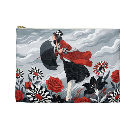 🌹☂️ The Lady In The Storm Accessory Pouch – Art Deco Floral Drama