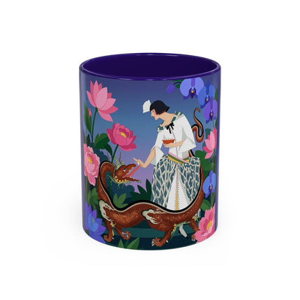 The Lady And The Garden Dragon Colorful Mugs – Art Deco Mythical Botanical Elegance