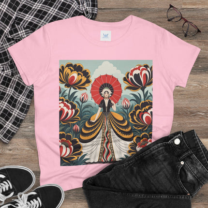 ❤️🌺 The Scarlet Parasol Garden Cotton Tee – Art Deco Floral Elegance