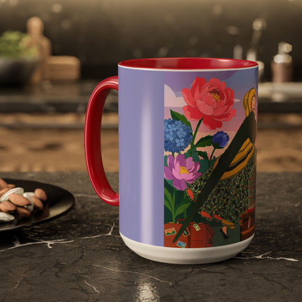 The Lady And The Crimson Birdcage Colorful Mugs – Art Deco Tropical Garden Elegance
