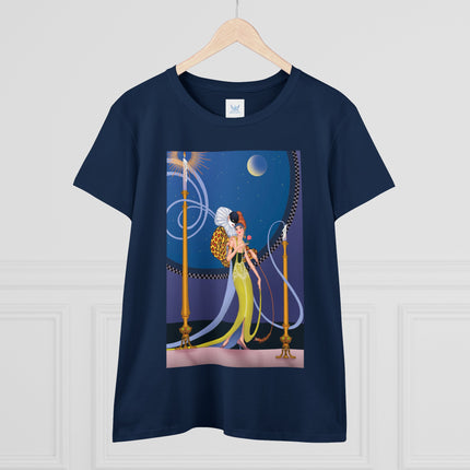 Smoke and Secrets: A Glamorous Encounter in Prohibition Era Women's Midweight Cotton Tee