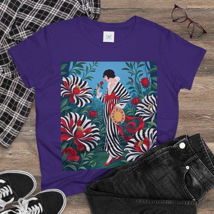 ❤️🌹 The Scarlet Striped Garden Cotton Tee – Art Deco Fashion Illustration