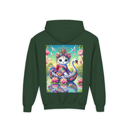 Geisha Kitten’s River Voyage Youth Hooded Sweatshirt – Adventure on a Whimsical River