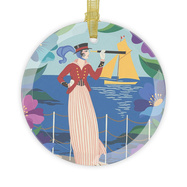 ⛵🌺 The Lady Of The Golden Horizon Glass Ornament – Art Deco Coastal Elegance