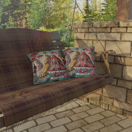 Cherry Blossom Courtesans & Crimson Crab Outdoor Pillows – Imperial Elegance & Playful Charm