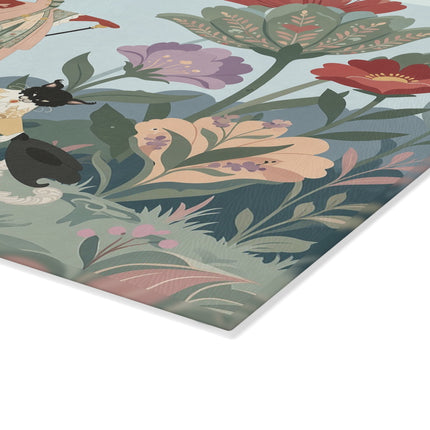 🌸🐈 The Lady And Puss In Boots Glass Cutting Board – Art Deco Floral Fashion Fantasy