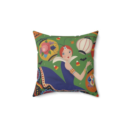 🏮🎃 The Lady Of Halloween Lanterns Square Pillow – Colorful Art Deco Halloween Charm