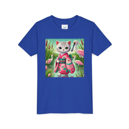 Geisha Kitten Strolls Among the Spoonbills Youth Short Sleeve Tee