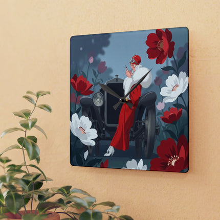 🚗🌺 The Lady Of The Scarlet Roadster Acrylic Wall Clock – Art Deco Motoring Elegance