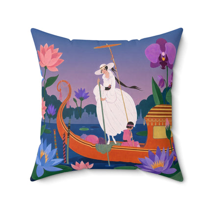 🪷🛶 The Lady Of The Lotus Lake Square Pillow – Art Deco Garden Voyage