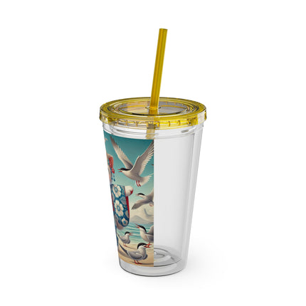 Geisha Kitten by the Seaside Sunsplash Tumbler with Straw, 16oz
