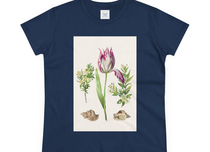 Tulip flower with Two Branches of Myrtle and Shells Cotton Tee