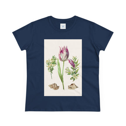 Tulip flower with Two Branches of Myrtle and Shells Cotton Tee