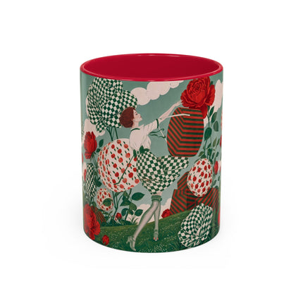 🌹💚 The Scarlet Rose Checkerboard Garden Colorful Mug – Art Deco Floral Whimsy