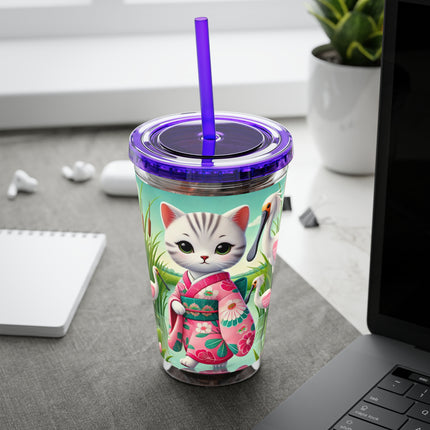 Geisha Kitten Strolls Among the Spoonbills Sunsplash Tumbler with Straw, 16oz