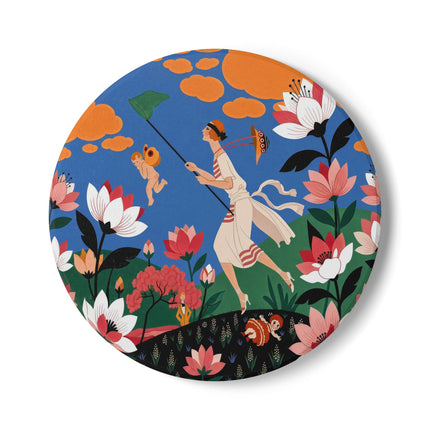 🪁🌺 The Lady Of The Flying Garden Ceramic Coaster – Art Deco Floral Fantasy