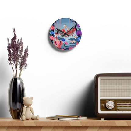 🌸🪽 The Garden Of Little Cupids Acrylic Wall Clock – Art Deco Floral Fantasy