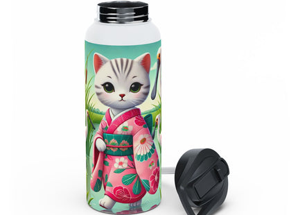 Geisha Kitten Strolls Among the Spoonbills Stainless Steel Water Bottle, Standard Lid