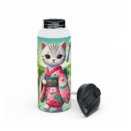 Geisha Kitten Strolls Among the Spoonbills Stainless Steel Water Bottle, Standard Lid